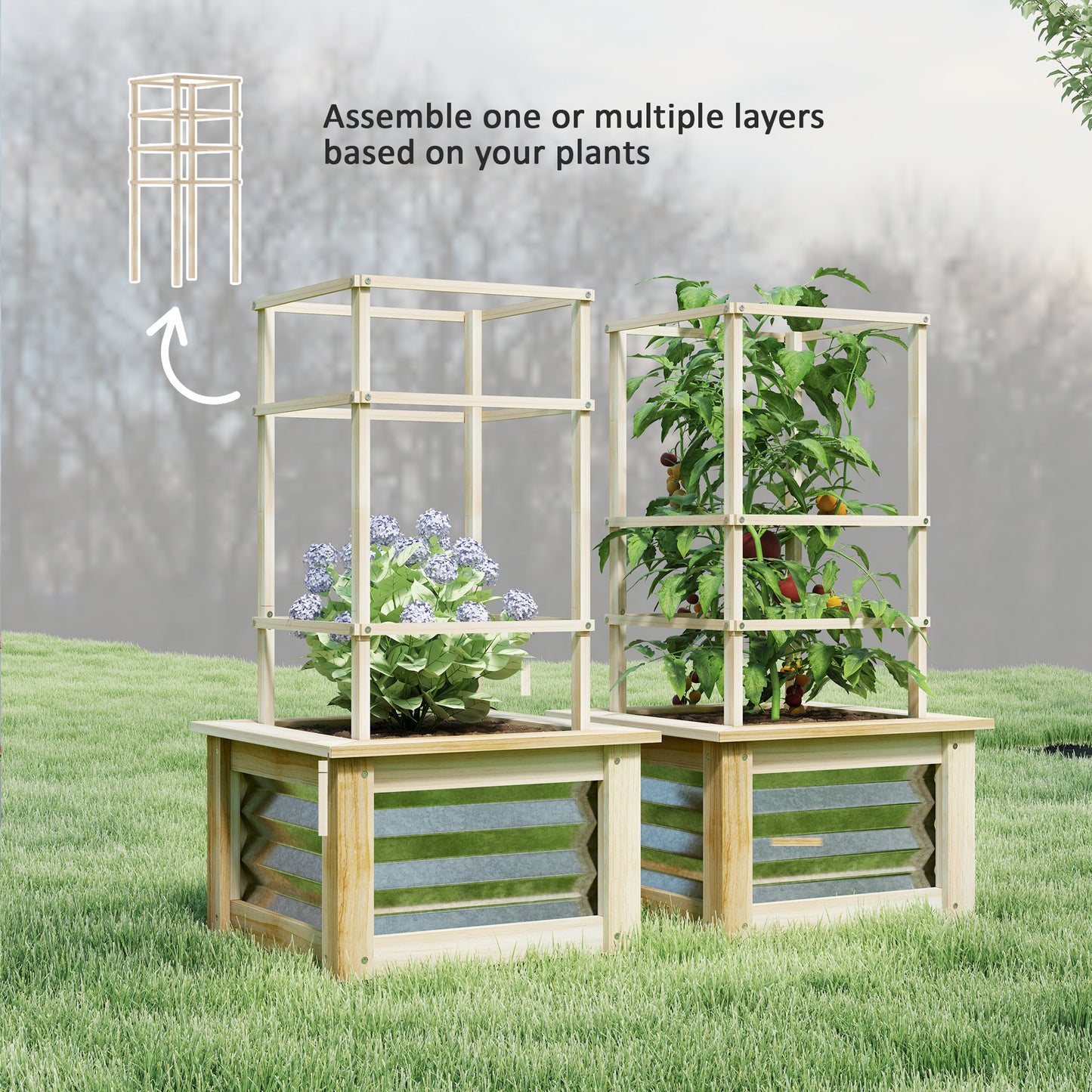 Wooden Raised Garden Bed with Trellis, Galvanized Planter Box Elevated Garden Bed for Garden, Patio, Natural Wood